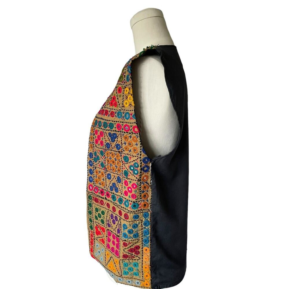 Vintage Multicolor Ethnic Look Mirror Work Embroidered Colorful Brown Black Back - Picture 4 of 7